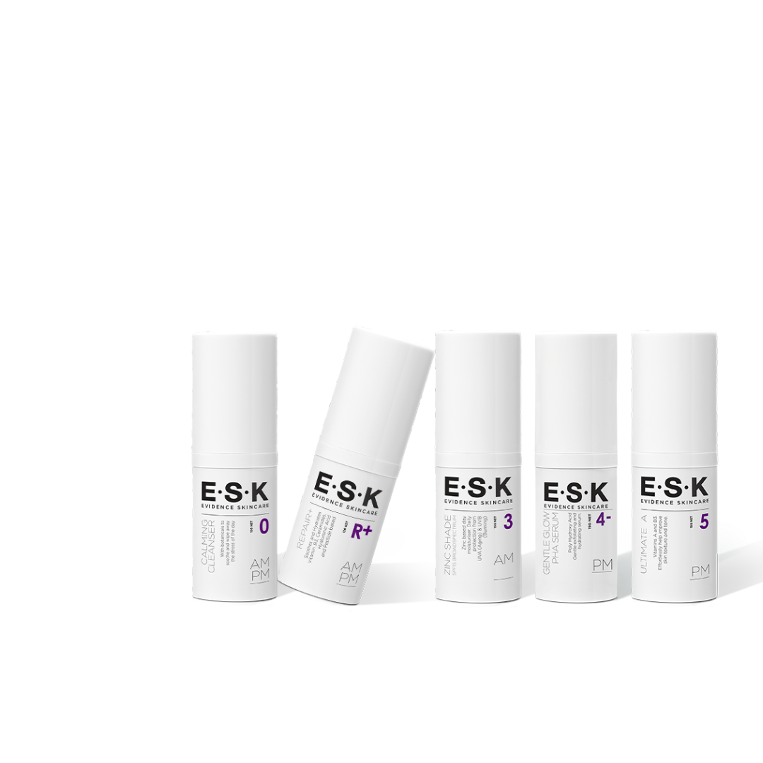 ESK's Travel Size Anti Aging Sensitive Skincare Kit. Each product is suited for sensitive skin and will help repair your skin barrier. Evidence Based Skin Care.