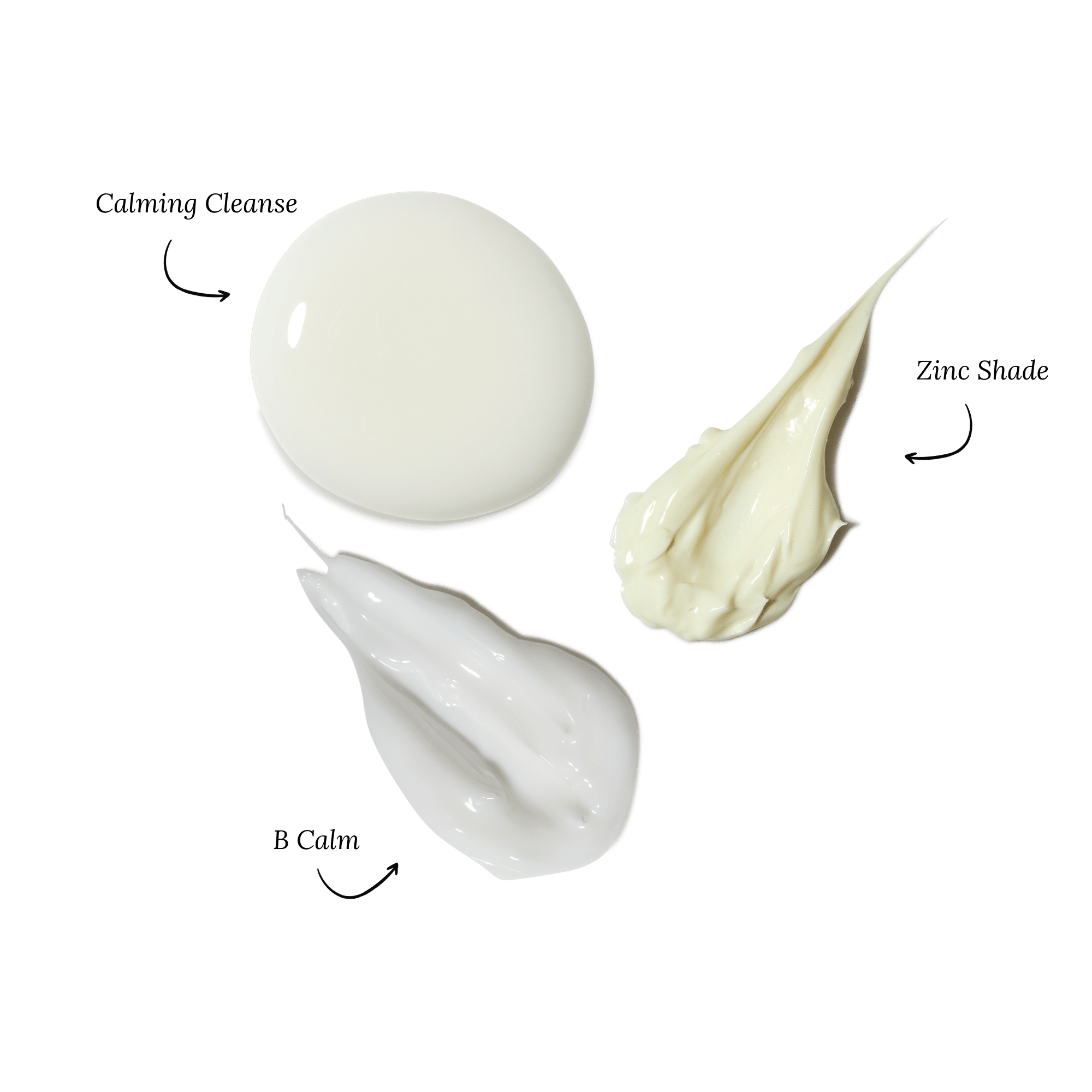 A Close up look at the texture of the Calming Cleanser, Zinc Shade and B Calm.
