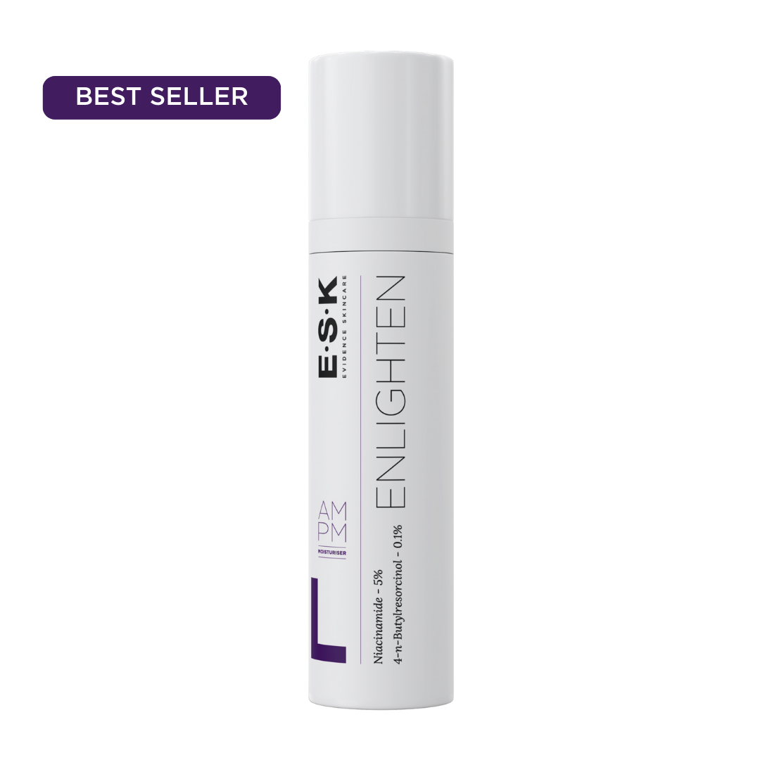 Enlighten skincare product showcasing 4-n-butylresorcinol & niacinamide, effective for fading pigmentation & enhancing skin brightness.