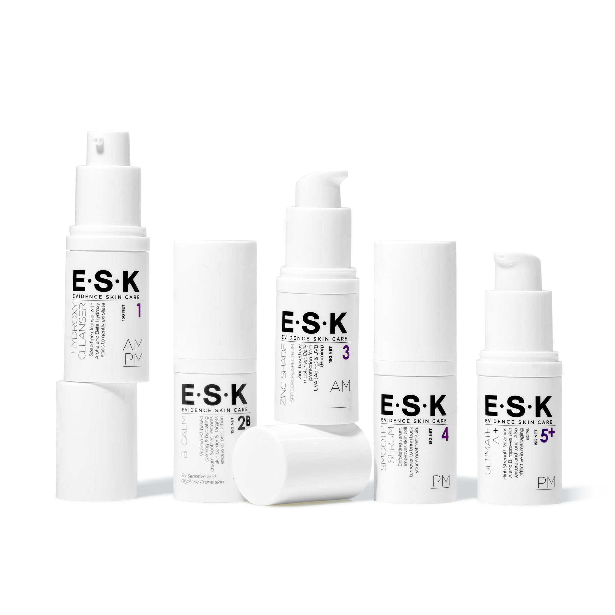 ESK's Travel Size Acne Prone Oily Skin Kit. With Evidence based ingredients such as Lactic Acid and Salicylic Acid to prevent oil production and clear your skin.
