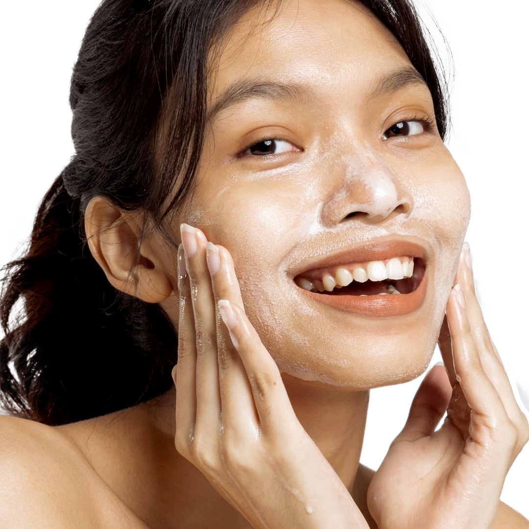 This woman is applying the Hydroxy Cleanser to her skin and rubbing it into her cheeks! It is lightly foaming to cover the skin evenly and cleanse deeply without being too harsh, drying or stripping to the skin!