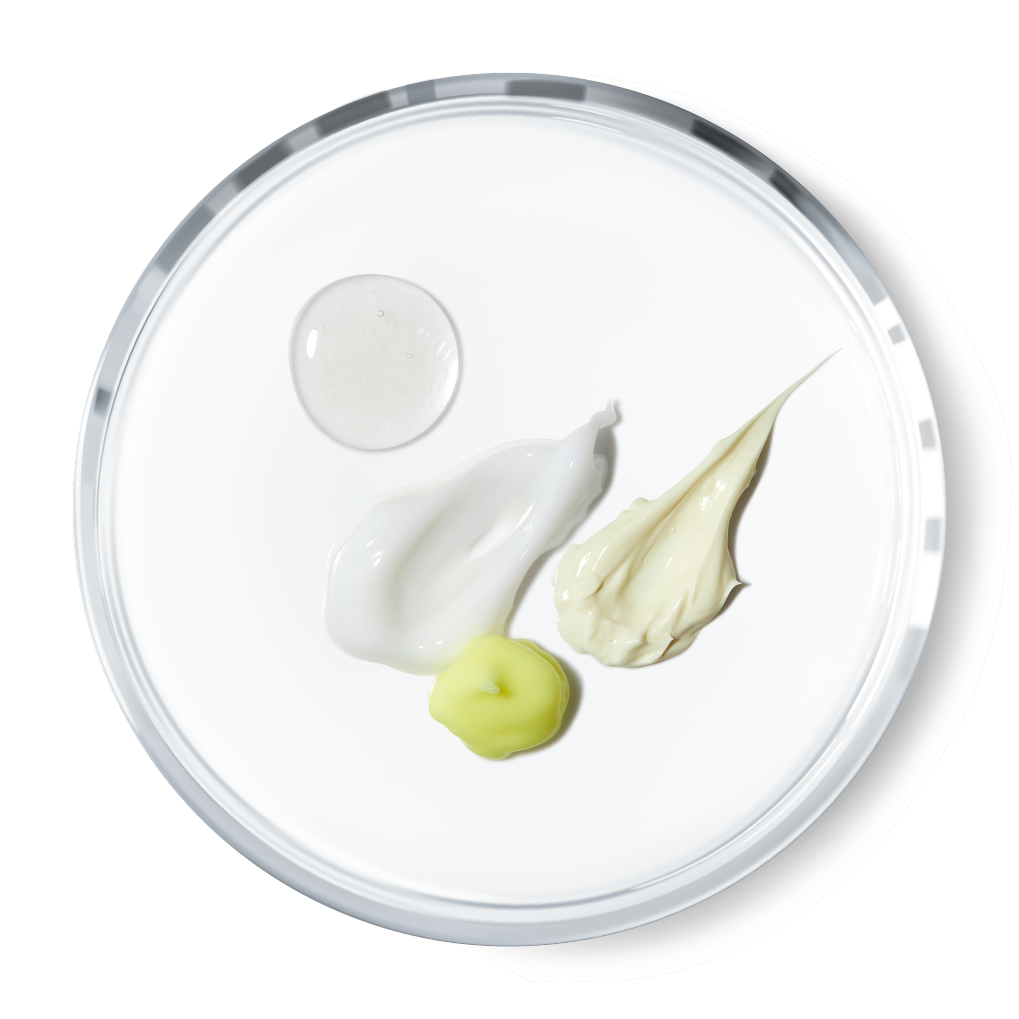 A close up of the texture of each product in the Anti Aging Sensitive Skincare Kit. Evidence Based Skincare which is also gentle enough for sensitive skin.
