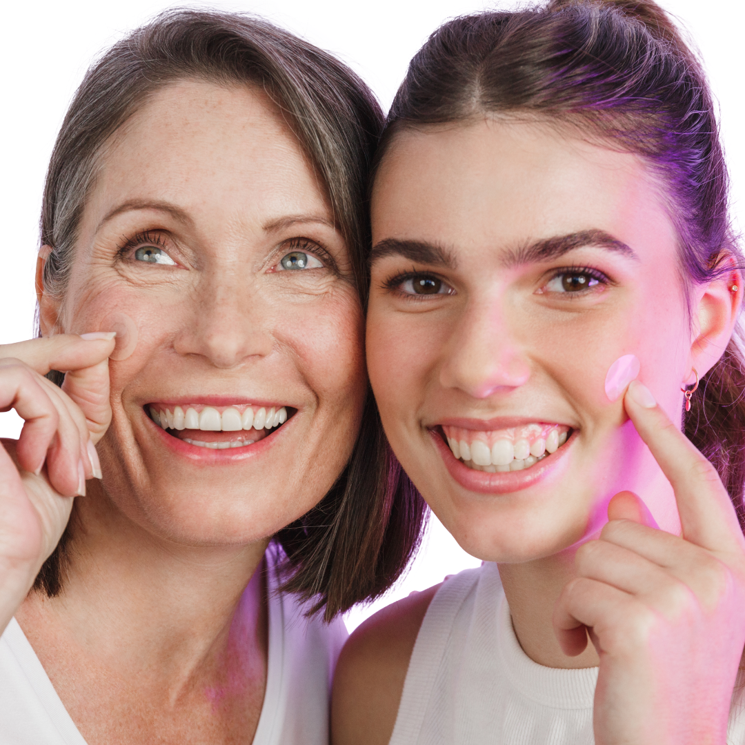 This image shows two ladies applying their ESK pimple patches. They are using this acne treatment to prevent and fade early stage pimples. All in the ease of a patch. microneedle patch acne.