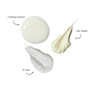 A Close up look at the texture of the Calming Cleanser, Zinc Shade and B Calm. 