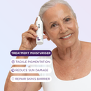 Older woman holding ESK Enlighten treatment moisturiser to reduce sun damage and dark spots.
