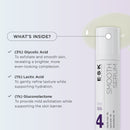 ESK Smooth Serum ingredient breakdown featuring glycolic acid 3%, lactic acid 1% and gluconolactone 1% to exfoliate, refine texture and support the skin barrier.