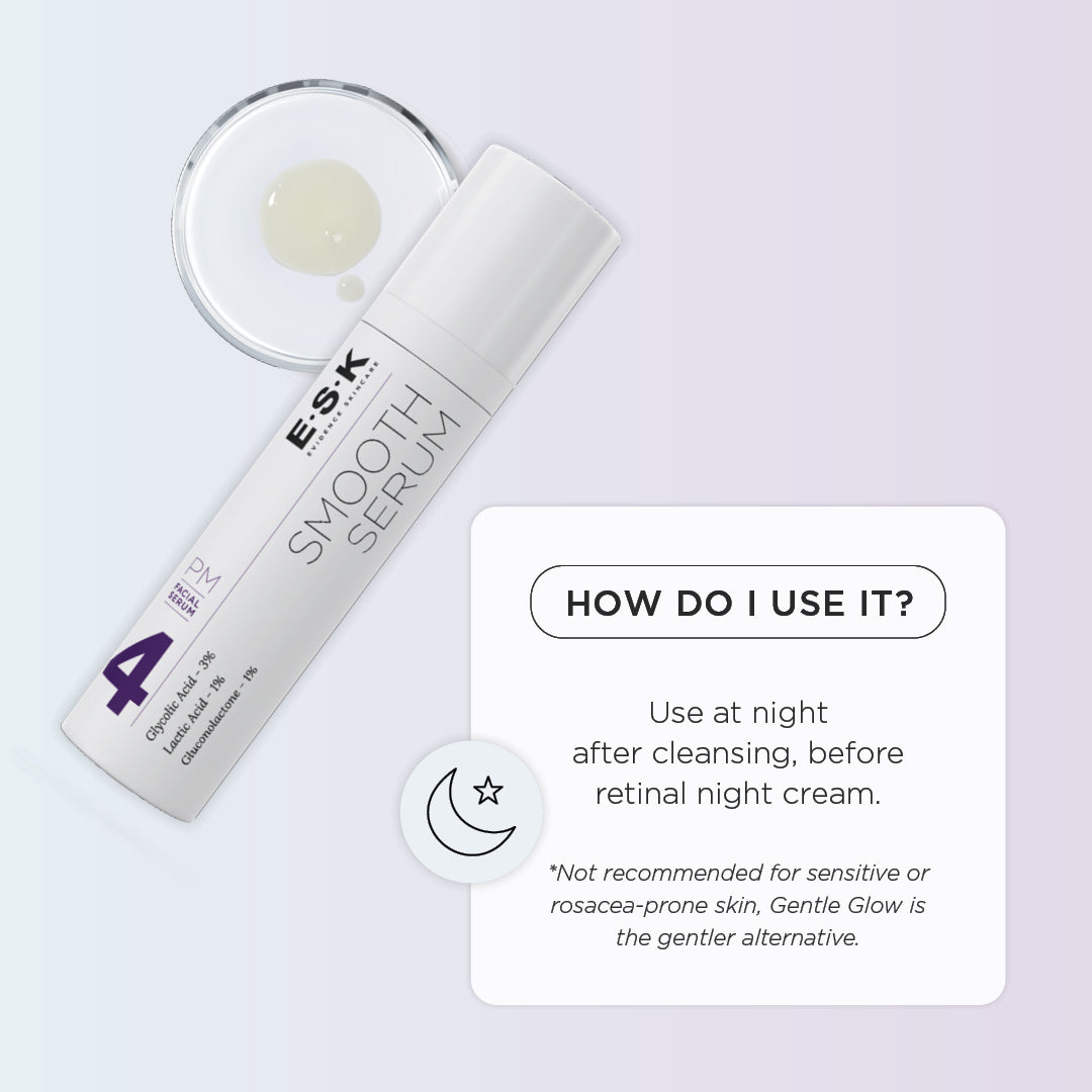 How to use ESK Smooth Serum -exfoliating night serum after cleansing & before retinal cream. Improves skin texture, brightness & skin clarity overnight.