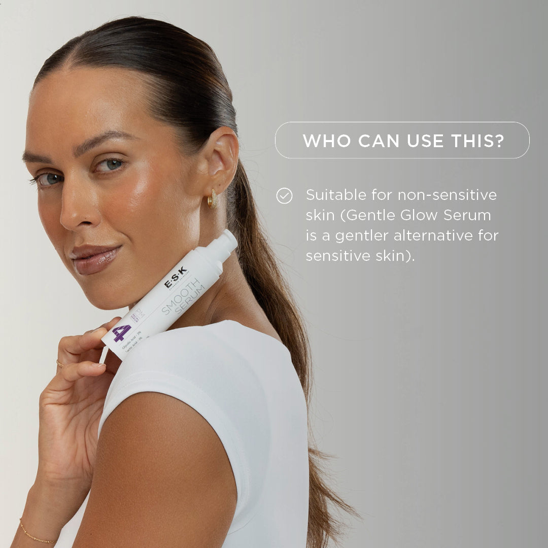 Woman holding ESK Smooth Serum. AHA exfoliating serum designed for non-sensitive skin.