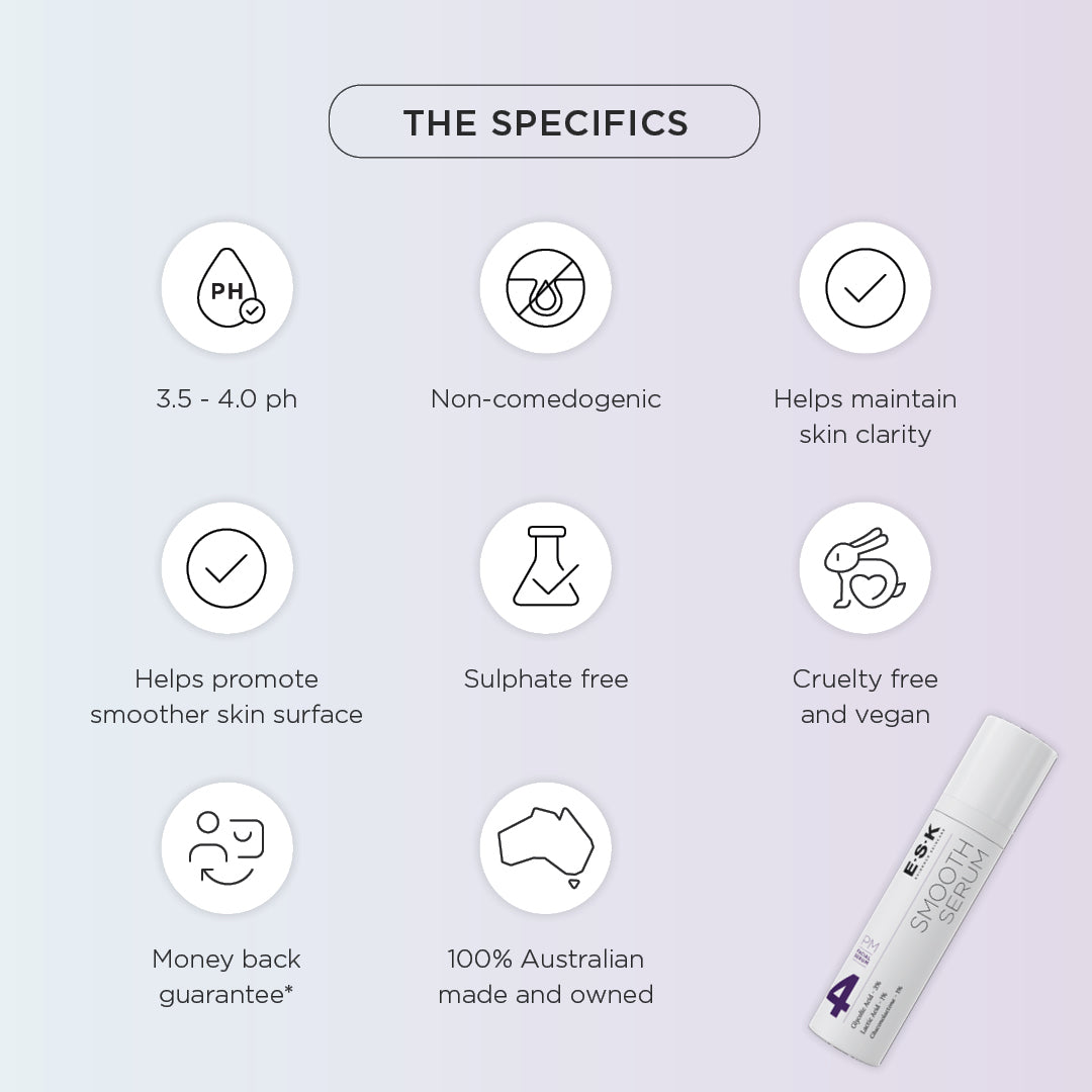 ESK Smooth Serum skincare benefits and product details including non-comedogenic formula, skin smoothing exfoliation, sulphate free, vegan and Australian made skincare.