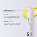This shows what's inside the Ultimate A Retinal Cream. Consists of 0.06% Retinal to refine skin texture & smooth Fine lines. Also has 4% Niacinamide to strengthen the skin barrier & improve skin tone & clarity.