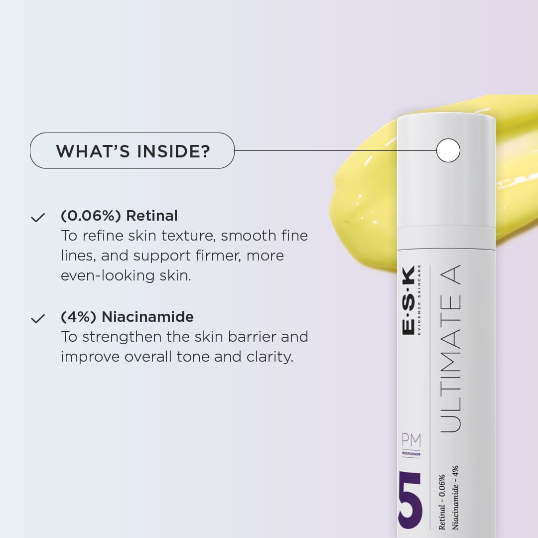 This shows what's inside the Ultimate A Retinal Cream. Consists of 0.06% Retinal to refine skin texture & smooth Fine lines. Also has 4% Niacinamide to strengthen the skin barrier & improve skin tone & clarity.