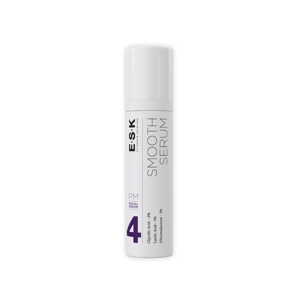 ESK Smooth Serum exfoliating serum bottle for smoother, brighter-looking skin with glycolic acid, lactic acid and gluconolactone for gentle overnight skin resurfacing.