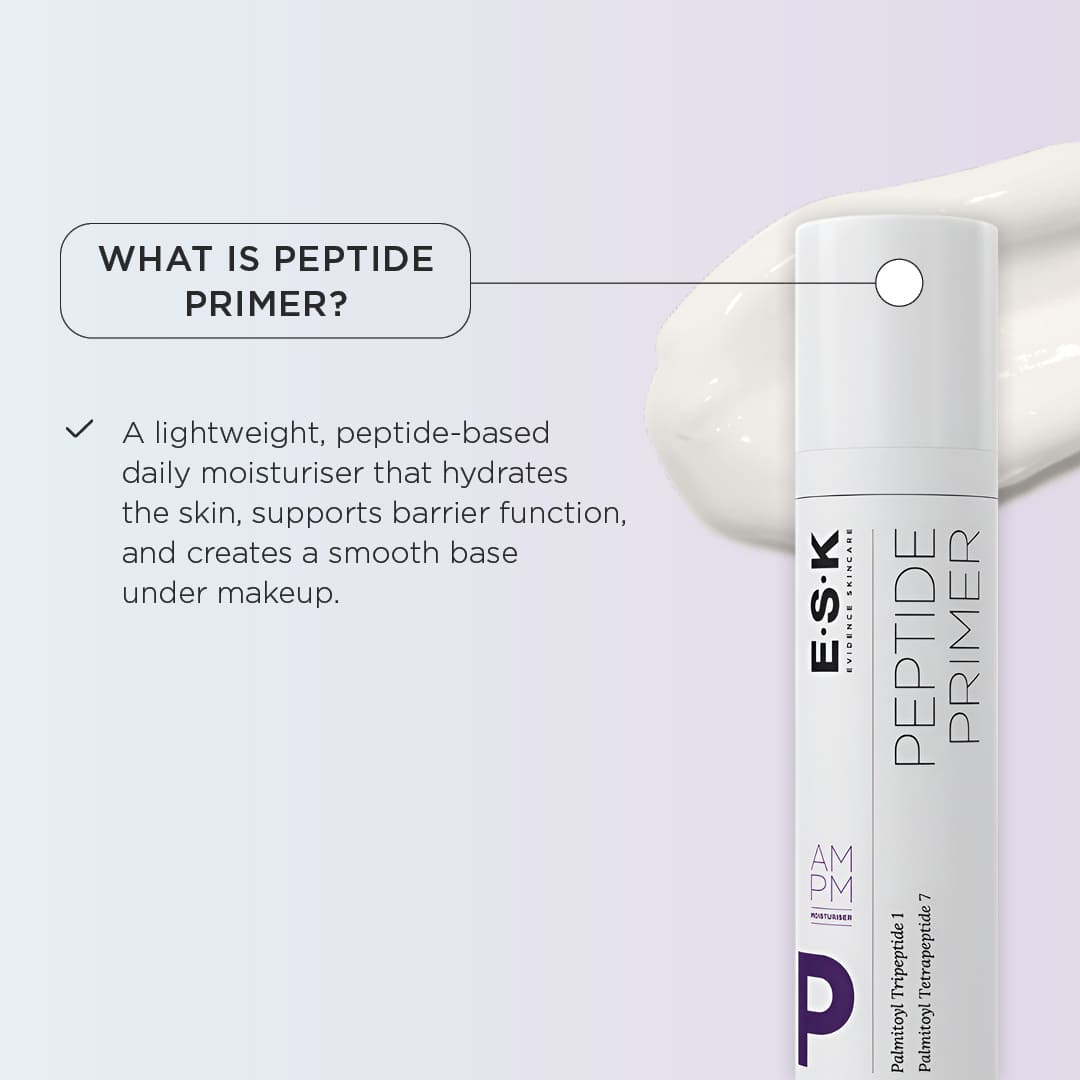 ESK peptide primer is a lightweight, peptide-based daily moisturiser that hydrates the skin, supports barrier function and creates a smooth base under make up. 
