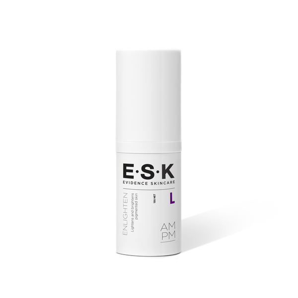 This is the Enlighten cream by ESK Skincare. Evidence Based Skincare with Evidence Based Ingredients such as 4-N-butylresorcinol which is a Tyrosinase Inhibitor. Able to be used on all skin types and skin conditions. This Niacinamide and butylresorcinol cream targets hyperpigmentation and reduces it whilst stopping further production of melanin in the face for an even skin tone and complexion.
