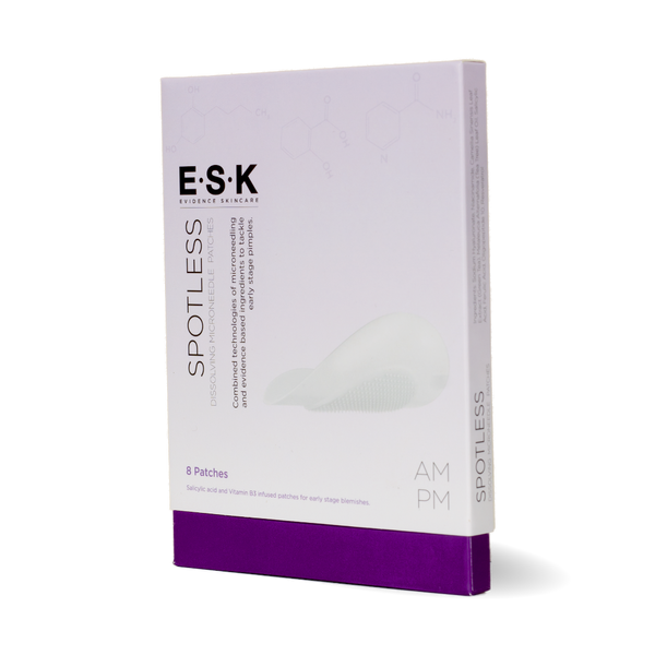 This is ESK's Spotless microneedle patches. They are pimple patches with needles made from hyaluronic acid. They are able to penetrate the top layer of the skin and administer the key ingredients directly into the problem area where a pimple is forming. Each acne patch contains key evidence ingredients such as Salicylic Acid, Niacinamide, Green Tea and Resveratrol. 